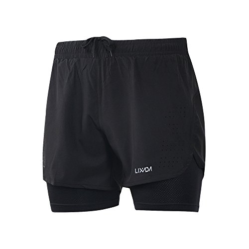 LIXADA Men's 2-in-1 Running Shorts Quick Drying Breathable Active Training Black