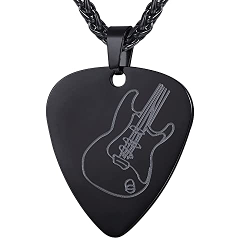 U7 Guitar Pick Necklace with Adjustable Rope Chain Black Plated Stainless Steel Music Tool Plate Jewelry Men Women Pendant