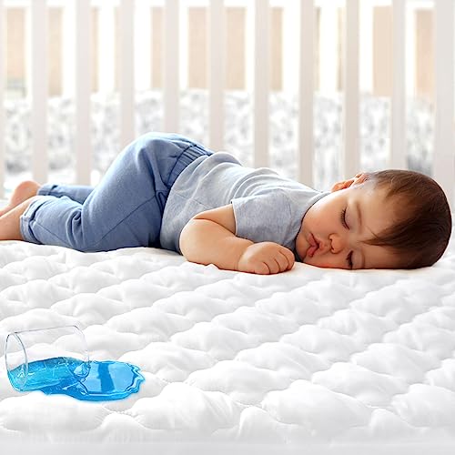 Crib Mattress Protector Waterproof & Noiseless Crib Mattress Pad Cover, Skin Friendly & Breathable & Machine Wash 100% Absorbent Crib Toddler Mattress Protector, (Quilted Improved Thickness)