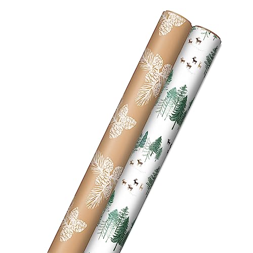 Hallmark Kraft Recyclable Christmas Wrapping Paper with Cut Lines (2 Rolls: 150 Sq. Ft. Ttl) Green Trees on White, Pine Cones on Brown for Holidays, Hanukkah, Winter Solstice, Weddings