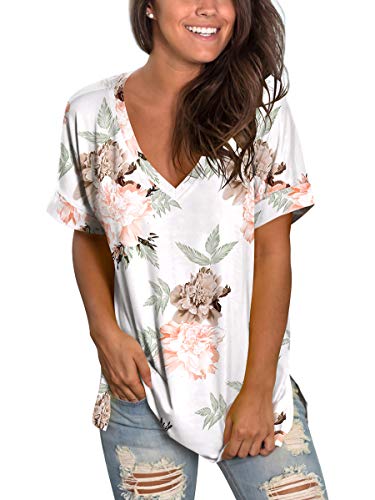 Floral Summer Tops for Women Short Sleeve Tee Shirts V Neck Rose Flower High Low L