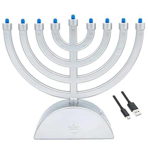Mini Electric Classic Menorah, Classic Hanukkah Menorah, LED Travel Menora, Batteries or USB Powered, Micro USB 4' Cable Included (Silver Matte)