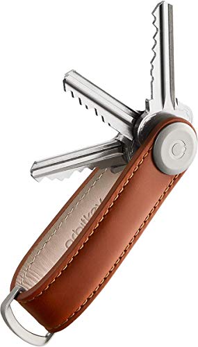 Orbitkey Leather Key Organizer | Durable, Stainless Steel Locking Mechanism, Slim & Quiet Profile | Holds up to 7 Keys, Cognac with Tan Stitching