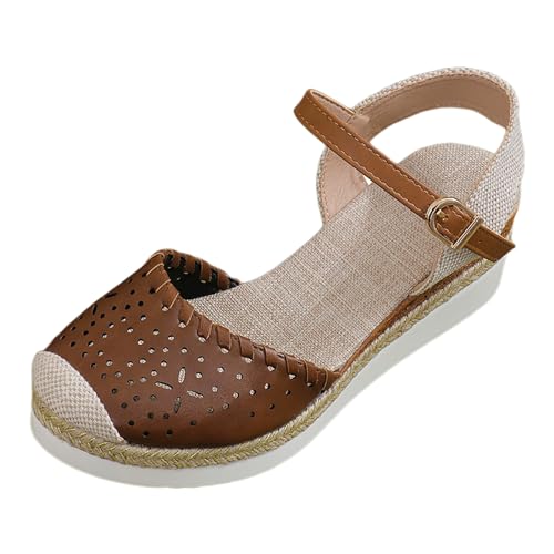 Shengsospp closed toe sandals women Round Toe Buckle Strap Summer Slope Heel Thick Soled Wedges Sandals Weave wedge walking sandal Brown, 7