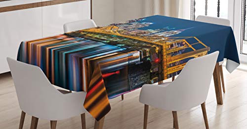 Ambesonne City Pittsburgh Tablecloth, Rachel Carson Bridge and Reflection on River Landscape Nighttime, Rectangular Table Cover for Dining Room Kitchen Decor, 60' X 84', Multicolor