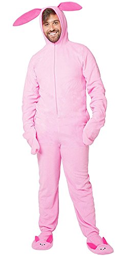 A Christmas Story Men's Ralphie Deranged Pink Bunny Suit Hooded Pajama Costume Union Suit Outfit Sleeper (2XL/3XL)