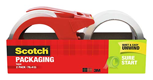 Scotch Sure Start Packaging Tape, 1.88 x 38.2 yd, Designed for Packing, Shipping and Mailing, Smooth and Quiet Unwind, 3' Core, Clear, 2 Rolls w/1 Dispenser (3450S-2-1RD)