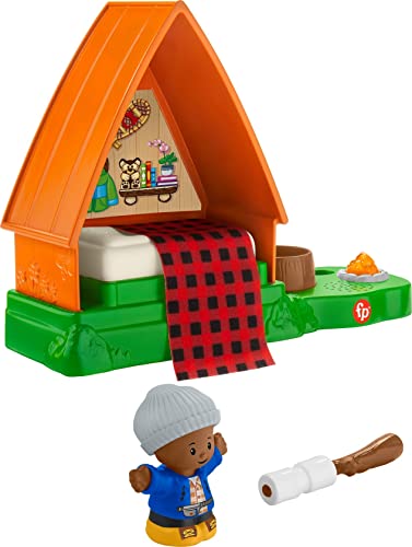 Fisher-Price Little People Toddler Playset Cabin with Camper Figure Plus Campfire Light and Sounds for Pretend Play Ages 1+ Years