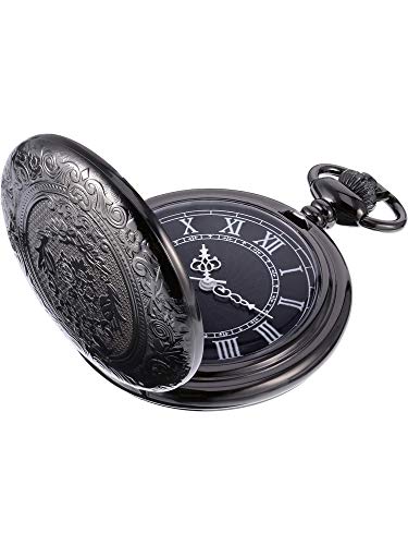 Hicarer Quartz Pocket Watch for Men with Black Dial and Chain Vintage Roman Numerals Christmas Gifts Birthday (Black)
