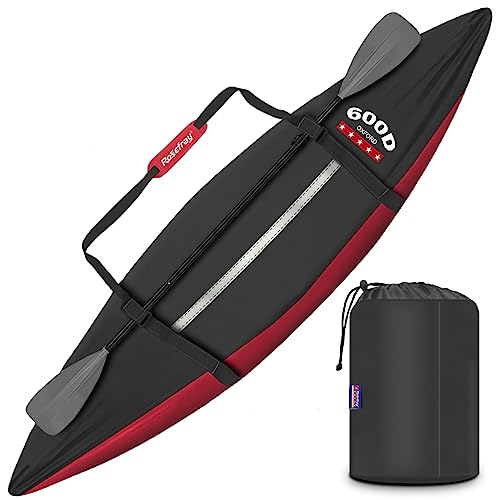 Rosefray 600D Waterproof Kayak Cover,Comfortable Shoulder Strap, Heavy Duty Marine Canoe Cover with Paddle Holder, UV Resistant, Dustproof Fishing Boat Cover for Outdoor Storage-Red，S (9.3-10.5ft