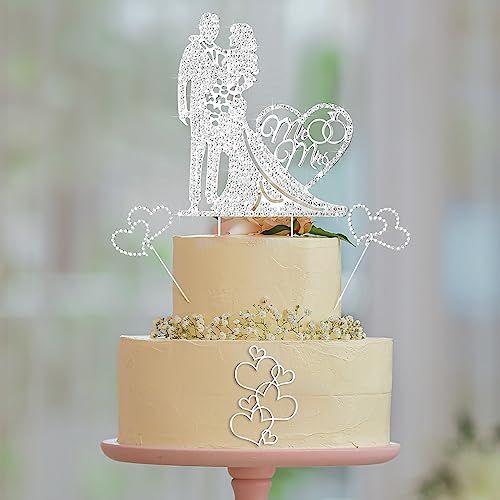 Spiareal 4 Pcs Mr and Mrs Cake Topper Rhinestone Metal Love Wedding Cake Topper, Happy Anniversary Cake Topper Heart Cake Topper for Bridal Shower, Birthday, Wedding, Engagement (Silver)