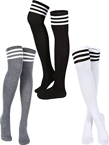 SATINIOR 3 Pairs Triple Stripe Over the Knee Socks Extra Long Opaque Thigh High Stockings
