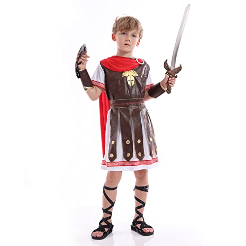 Funivals Roman Gladiator Costume Kids，Spartan Warriors Costumes For Child，Fearless Soldier Helmet with Red Cape outfit Boys，Khaki(M)