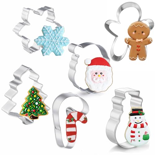 Large Christmas Cookie Cutters, 4' Holiday Cookie Cutters Shape with Recipe Instruction Gingerbread Men,Christmas Tree,Snowflake, Candy Cane,Santa Face and Snow Man for Baking