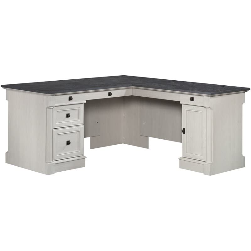 Pemberly Row Engineered Wood L-Shaped Desk in Glacier Oak/Rosso Slate Accents