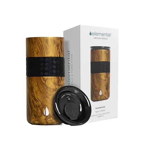 Elemental Artisan Insulated Tumbler, Triple Wall Coffee Travel Mug, Reusable Stainless Steel Coffee Tumbler with Ceramic Lid, Thermal Coffee Cups for Hot (6 Hrs) & Cold (18 Hrs), 16oz - Teak Wood