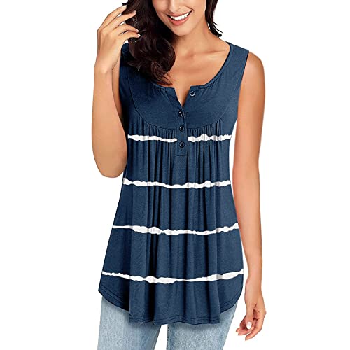 Tank Tops Trendy Notch V Neck Button Up Pleated Fancy Printed Vests Basic Summer Tunic Loose Fit Flowy Hem Dressy Classic Loose Fit Soft Tunic Stylish Tunic Dolphin Hem Tops(Navy,Medium)
