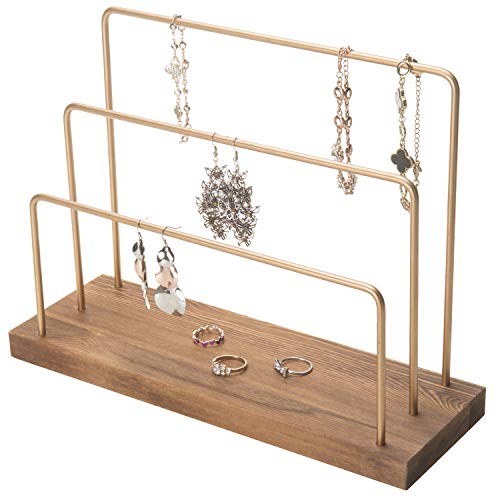 MyGift Brass Metal 3 Tiered Tabletop Jewelry Display Stand with Burnt Wood Base, 3 Hanging Bar Bracelets and Earrings Organizer