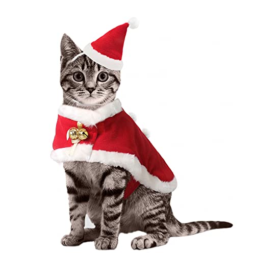Enjoying Cat Christmas Outfit Santa Hat with Clothes for Cats Small Dogs Kitten Christmas Costume Warm Xmas Cloak Coat Santa Claus Hat Red New Year Party Cosplay