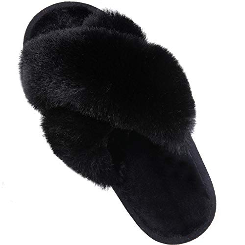 Comwarm Women's Cross Band Fuzzy Slippers Fluffy Open Toe House Slippers Cozy Plush Bedroom Shoes Indoor Outdoor, Black Size 8.5-9.5
