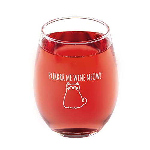 PURRRR ME WINE MEOW! 15oz. Novelty Cat Stemless Wine Glass. Great gift for lovers of Cats and Wine. Relax with your favorite beverage and feline friends while drinking out of this adorable wine glass.