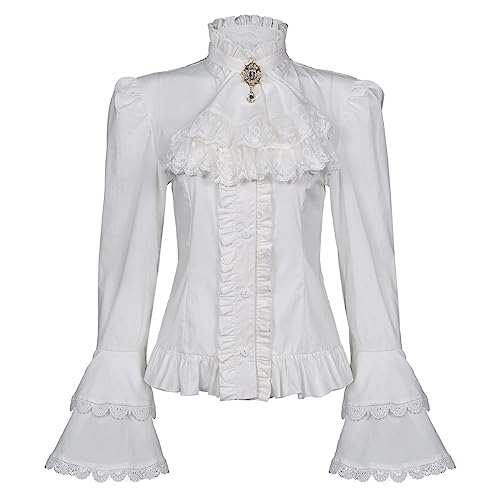 Victorian Blouse Womens Gothic Pirate Shirt Vintage Long Sleeve Lotus Ruffle Tops (L, 010 White)