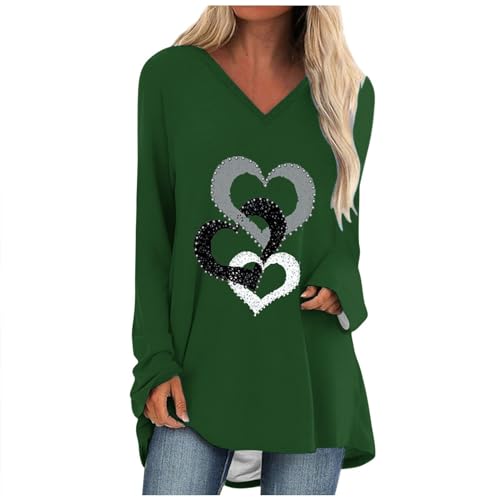 Gobehebe Womens Oversized Tops Crew Neck Long Sleeve Tees Long Shirts Sweatshirts Heart Print Pullover Fall Fashion Clothes Army Green