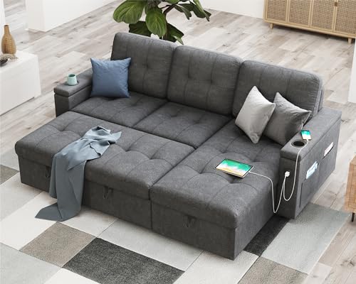 AMERLIFE 84 Inch Pull Out Couch, Tufted Sofa Bed with 2 USB Ports & Cup Holders, L Shape Sectional Sleeper Sofa Bed with Storage Chaise- Dark Grey