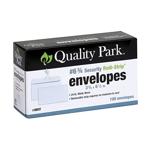 Quality Park #6 3/4 Self-Seal Security Envelopes, Security Tint and Pattern, Redi-Strip Closure, 24-lb White Wove, 3-5/8 x 6-1/2, 100/Box (QUA10417) (Pack of 1)