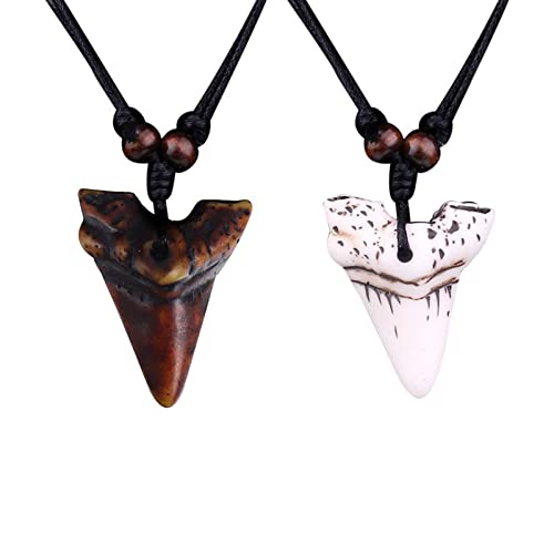 COLORFUL BLING Shark Tooth Pendant Necklaces Shark Teeth Wax Rope Necklace Summer Beach Resin Tooth Shaped Pendant Surfer Leather Necklaces for Women Men Boys-Brown+White