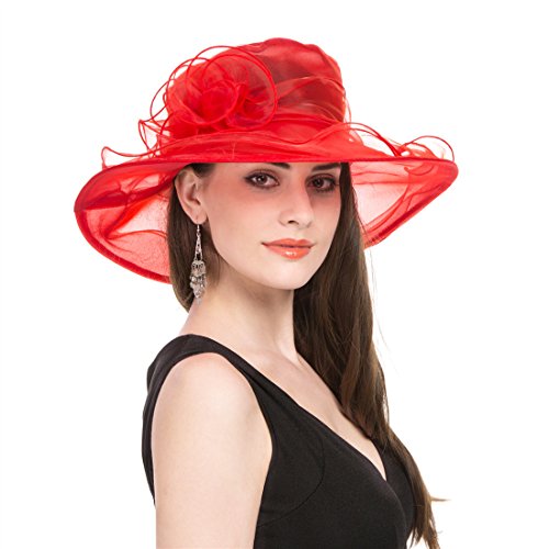 SAFERIN Women's Organza Church Kentucky Floral Bridal Party Derby Hat Red