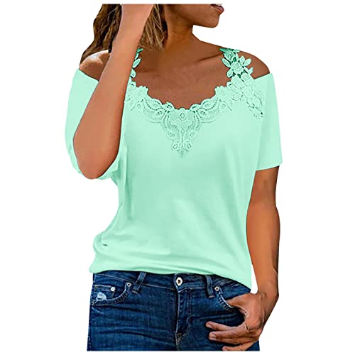 ZunFeo Women's Summer Top Shirts Cold Shoulder Lace Trim Top Blouse Butterfly Print Dressy Tshirts Loose Fit Tunic Tees