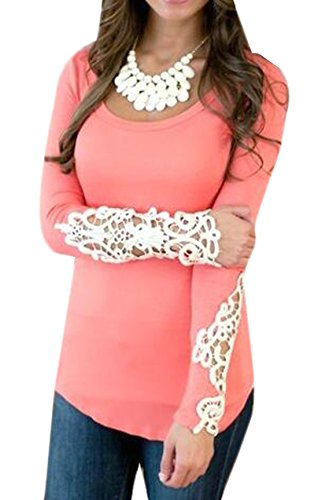 DANJIESHI Women's Basic Slim Lace Stitching Long Sleeve T-Shirt Top red US S0