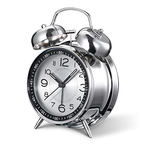 Loud Alarm Clock for Heavy Sleepers Adults,Retro 4 Inch Silent Non-Ticking Quartz with Backlight,Twin Bell Analog Kids Alarm Clocks for Bedrooms Bedside (Grey)