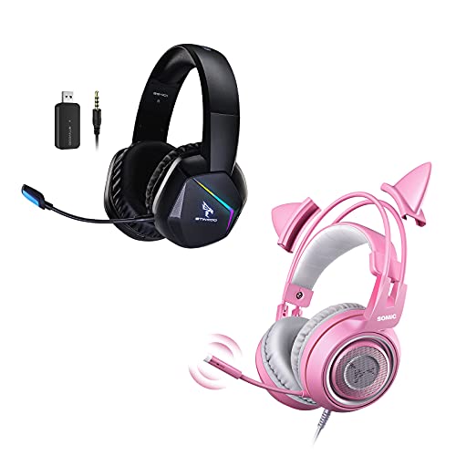 SOMIC 2 PCS Gaming Headset, G951s Pink Stereo Gaming Headset with Mic for PS4, PC, Xbox One&GS401 2.4G Wireless Gaming Headset with Detachable Mic, RGB LED Light for Gamer