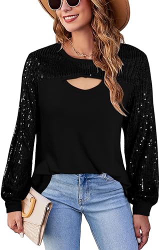 Sequin Sparkly Tops for Women Elegant Puff Long Sleeve Blouses Dressy Party Sparkle Glitter Shirts Black