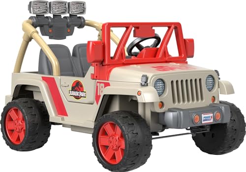 Power Wheels Jurassic Park Jeep Wrangler Ride-On Battery Powered Vehicle with Dinosaur Sounds and Lights plus Storage Area