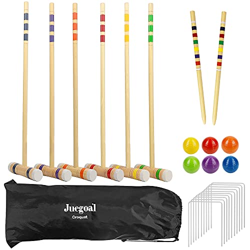 Juegoal Six Player Deluxe Croquet Set with Wooden Mallets, Colored Balls, Sturdy Bag for Adults &Kids, Perfect for Lawn, Backyard and Park, 28 Inch