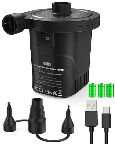 Dr.meter Air Pump for Inflatables, Rechargeable 4000mAh Battery Air Mattress Pump - Portable Quick-Fill Inflator Deflator for Outdoor Camping Inflatable Pool Float Boat Raft Yoga Ball Swim Ring Airbed