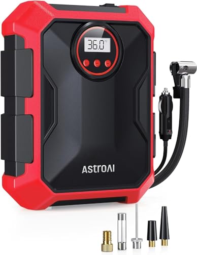 AstroAI Tire Inflator Air Compressor 12V DC Portable Air Compressor Car Accessories Auto Tire Pump 100PSI with LED Light Digital Air Pump for Car Tires Bicycles Other Inflatables CZK-3674 Red