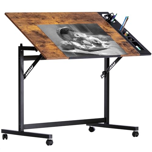 VECELO Vintage Drawing Drafting Table, Adjustable Tilting Top Art Desk Craft Work Station with Pencil Ledge Lockable Slide Rolling Wheels for Painting Diamond Reading Writing Study, Rustic Brown