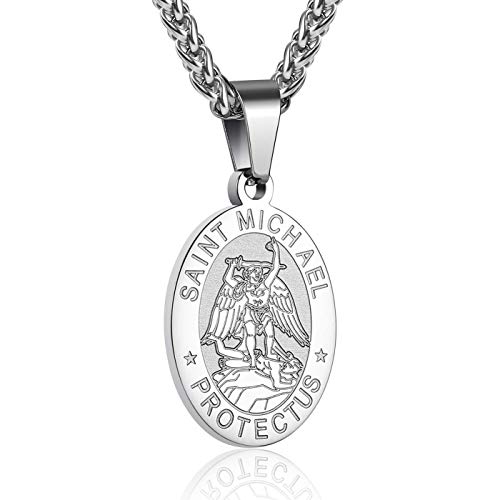 P. BLAKE St. Saint Michael Pendant Necklace for Men Boys Stainless Steel Catholic Saint Michael Medal Chain