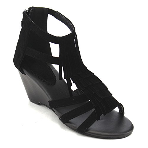 Top Moda Queen-6 Women's Wedge Heel Ankle Strap Fringe Sandals,Black,5
