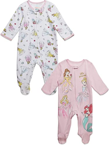 Disney Princess Belle Aurora Cinderella Newborn Baby Girls 2 Pack Zip Up Sleep N' Plays/Pink Newborn