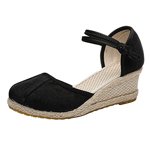 Shengsospp Lightweight Flatform Sandals for Women Slip on Elastic Ankle Strap Sandal Boho Style Sandals for Indoor and Outdoor Black, 9