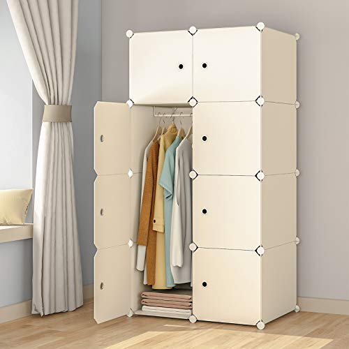 KOUSI Portable Wardrobe Closets 14'x18' Depth Cube Storage, Bedroom Armoire, Storage Organizer with Doors, 8 Cube, White