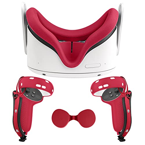 EWalos Accessories for Oculus/Meta Quest 2, Touch Controller Leather Grip Cove, Face Cover and Lens Protective Cover, Sweat-Proof, Light-Proof, Anti-Throw and Comfort-Enhancing Accessories Set(Red)
