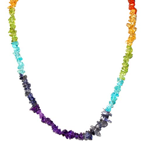Zenergy Gems CHARGED 7 Chakra Necklace 18' Premium Tumble Polished Crystal Gemstone Chips Necklace (Amethyst, Iolite, Blue Apatite, Peridot, Citrine, Carnelian Agate, & Garnet) + Selenite Heart