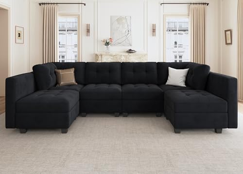HONBAY Modular Sectional Sofa Velvet U Shaped Couch with Double Chaises 6 Seater Sectional Sofa with Storage, Black