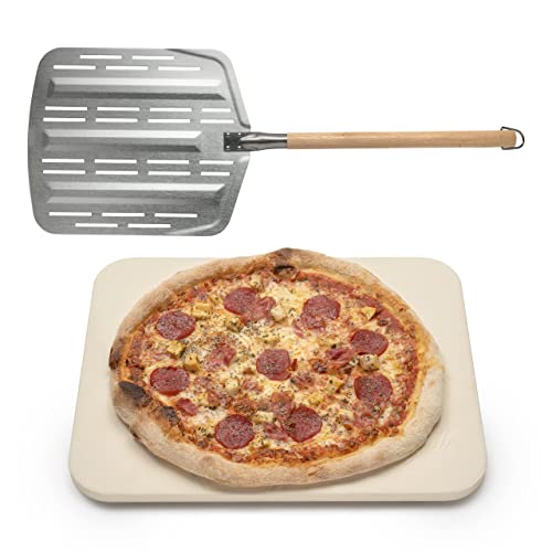 Hans Grill Pizza Stone PRO XL Baking Stone For Pizzas use in Oven, Grill or BBQ FREE Long Handled Anodised Aluminium Pizza Peel | Rectangular Stone 15 x 12' Inches | For Pies, Pastry, Bread, Calzone